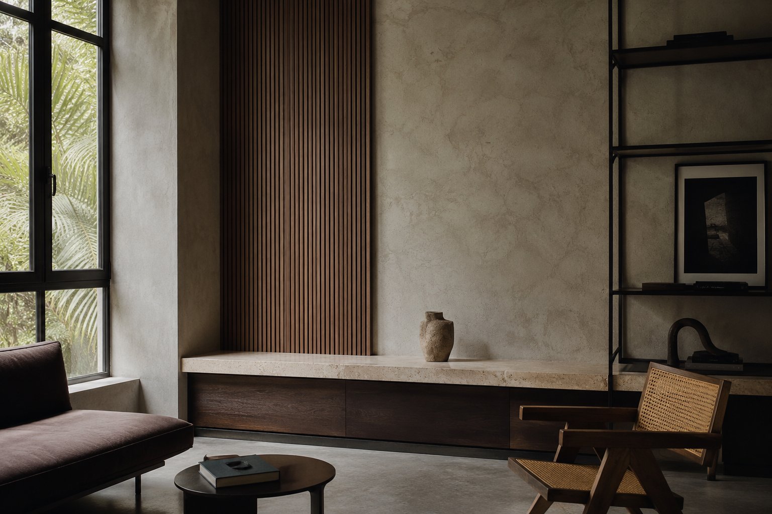 Tiong Bahru walk-up apartment interior — living area with concrete plaster walls, vertical walnut panelling, travertine bench and a cane lounge chair, palm fronds visible through the window.